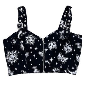 Dolls Kill Crop Top Bustier Black Occult Celestial Print Goth M womens